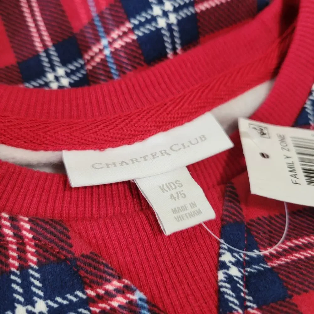 Charter Club Kids Crewneck Top Cardinal Holiday Plaid NWT Boy Girl Size 4-5